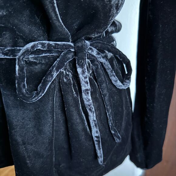J.CREW | Black Velvet Faux Wrap Tie Waist V Neck Top Blouson Sleeves | Size 8 - Picture 4 of 8